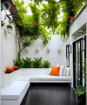 Serene outdoor seating area with lush greenery and vibrant orange accents in a modern courtyard setting viewed from a slight angle