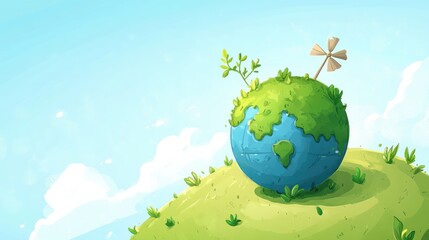 Cartoon earth globe on hilltop under blue sky with windmill and plants