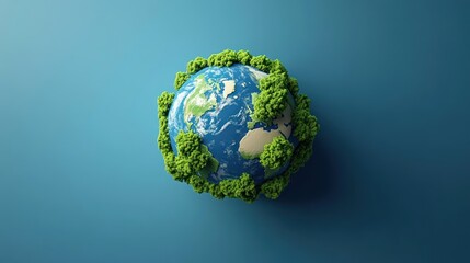 Earth surrounded by green trees against a blue background conceptual illustration