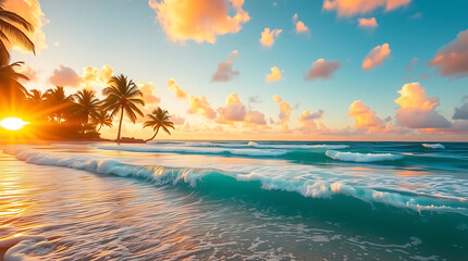 Tropical Beach Sunset with Palm Trees and Golden Sky