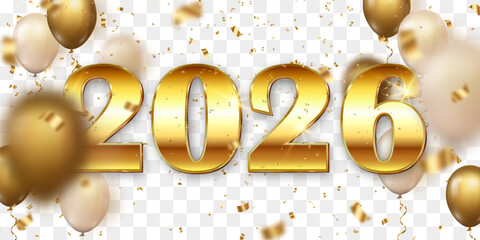 Vector festive 2026 New Year confetti and flying balloons png. Golden bright confetti falls. Vector celebration background with confetti and 3d helium balloons. Isolated on transparent background.