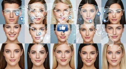 Faces of diverse people with social media overlays.