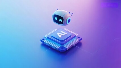 Fototapeta premium 青紫の背景にAIチップとロボットヘッドの3Dレンダリング