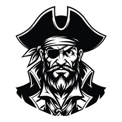 Intense pirate captain portrait with eyepatch and bandana iconic nautical character design silhouette