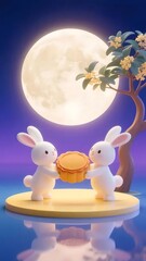 月餅を抱えた二匹の白ウサギ