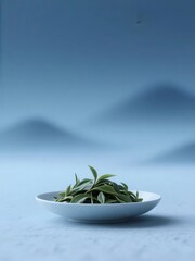 薄緑茶葉入り 白いボウル 淡い背景 山並み