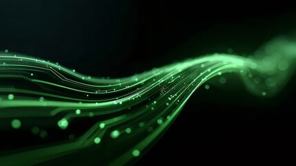 黒い背景に輝く緑色の光の流れ