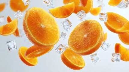灰色の背景にオレンジスライスと氷が飛んでいる