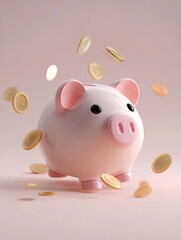 ピンクの貯金箱と浮遊するコイン淡いピンクの背景