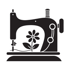 Sewing machine with thread looping to flower vector silhouette outline logo design concept illustration