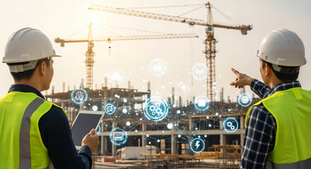 Construction Site Project Management Engineers Using Tablet and Futuristic Technology Overlay with Cranes and Building Structure in Background