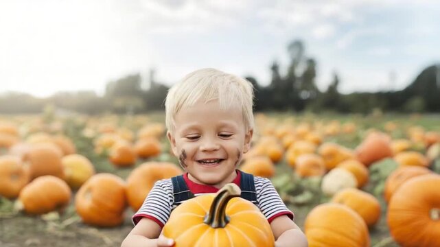 Happy child holding a pumpkin in a pumpkin patch field.