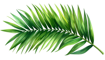 Detailed watercolor of a single palm frond with shades of green on a black background