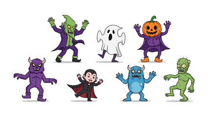 Halloween Creature Character Illustrations: A collection of whimsical and festive Halloween creature characters, perfect for spooky season, rendered in vibrant colors and dynamic poses. 