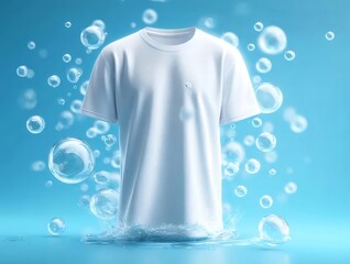 白Tシャツ浮かぶ泡と青色の背景のイメージ