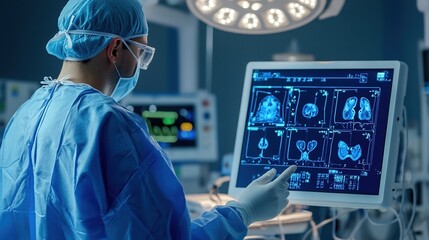 Surgeon reviewing medical scans in operating room