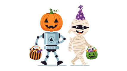 Fototapeta premium Halloween Duo: A delightful illustration presents a robot-pumpkin and mummy-themed pair ready for trick-or-treating. Their expressions embody the joyous atmosphere of Halloween