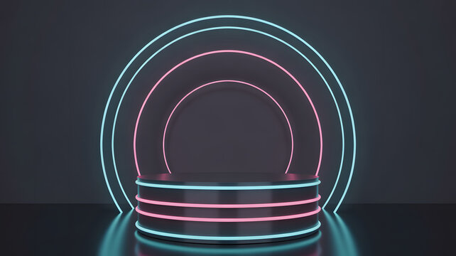 Illuminated platform with neon circles in pink and blue against a dark gray background studio shot abstract wallpaper