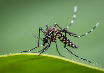 Fototapeta premium Intricate macro detail of a striped mosquito perched on a vibrant green leaf, showcasing delicate legs and antennae against a soft bokeh background.