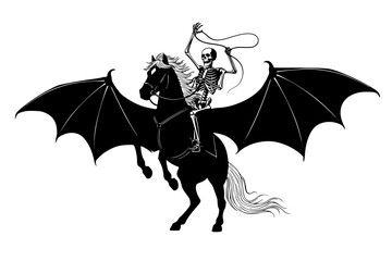 Obraz premium Halloween Skeleton Rider Silhouette: Spooky Vector, Bat Horse, Horror, Undead, Gothic, Night, Cemetery, Fantasy.