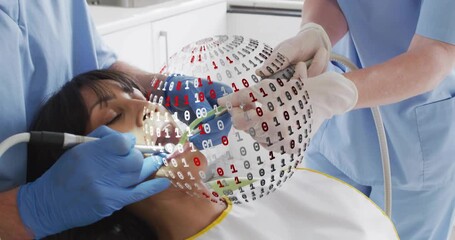 Assistant placing suction while dentist sweeping wand forming rotating code orb mapping dental arch - Powered by Adobe