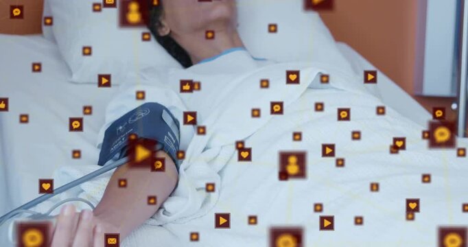 Woman holding oximeter and wearing BP cuff spurring orange icon flood for health data visualization