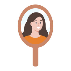 Girl reflection in the mirror. Beauty, lifestyle, image, mental health, ego, stress, anxiety concepts. Flat vector character design isolated illustration.