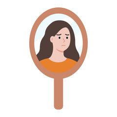 Girl reflection in the mirror. Beauty, lifestyle, image, mental health, ego, stress, anxiety concepts. Flat vector character design isolated illustration.