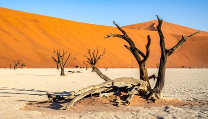 Dead trees against a vibrant orange dune landscape