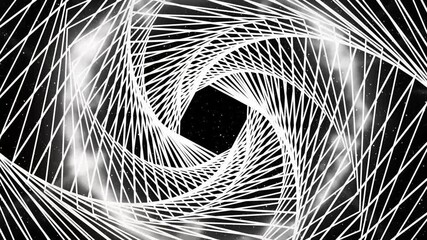 Circular tunnel striped grid black and white rotating, geometric 3d animation, optical illusion loop footage abstract background special effect for vj, dj, template, meditation, intro and outro video