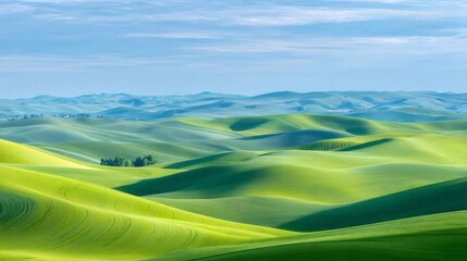 緑豊かな丘陵地帯が広がる青空の下の夏景色