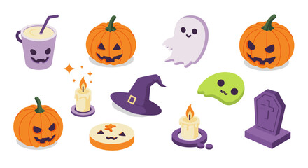 Spooky isometric halloween icons: pumpkins, ghosts, and candles