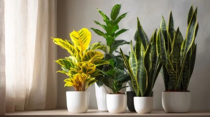 窓際の白い棚に置かれた様々な鉢植えの植物