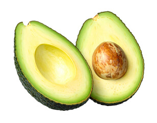 Two halves of a ripe avocado, one with seed, against a solid black background