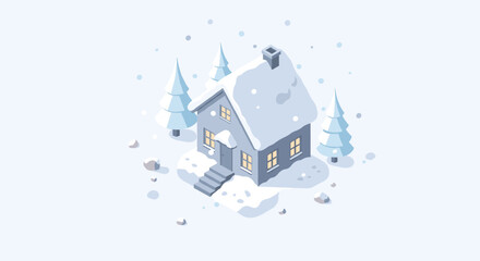 Fototapeta premium Cozy winter cabin with snowy trees in a soft isometric design