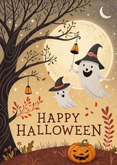 Halloween greeting card with ghosts and pumpkins. Vector illustration.