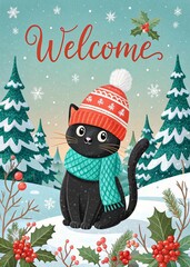 Winter greeting card with black cat in knitted hat and scarf.