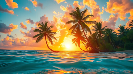 Tropical Beach Sunset with Palm Trees and Golden Sky