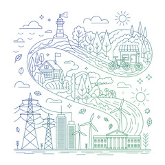 Fototapeta premium This artwork illustrates a scenic winding road passing through rural and urban landscapes, highlighting renewable energy elements and the beauty of nature in a harmonious way.