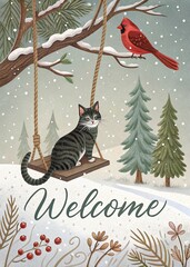 Winter greeting card with a cat on a swing. Vector illustration.