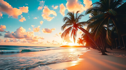 Tropical Beach Sunset with Palm Trees and Golden Sky