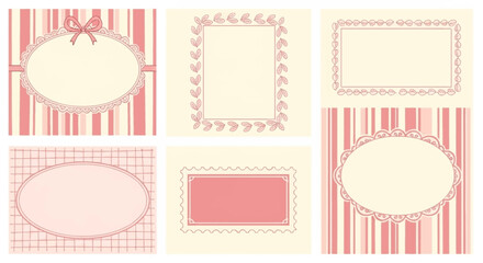 A collection of six vintage-style frames and labels in pink and cream, featuring various decorative borders like lace, leaves, and stripes, suitable for invitations or scrapbooking.