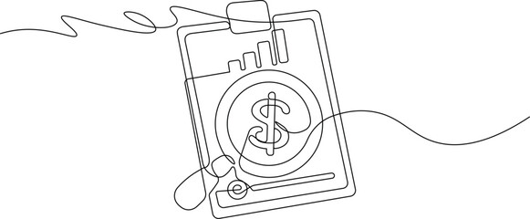 One Line Art Finance Report - Minimalist Continuous Line Drawing of Clipboard with Dollar Symbol and Graph