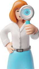 Businesswoman looks through magnifying glass, 3D vector cartoon office employee female character detective investigating