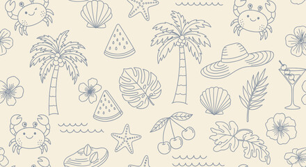 Summer themed pattern with palm trees, crabs, shells, and other tropical elements. © Hadi