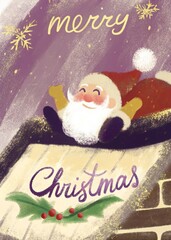 Christmas greeting card with Santa Claus and snowflakes on a wall