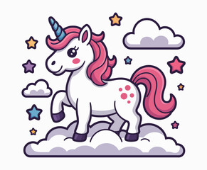 Fototapeta premium This vibrant illustration features a charming unicorn proudly standing on fluffy clouds, accompanied by colorful stars that enhance the enchanted atmosphere of the scene.