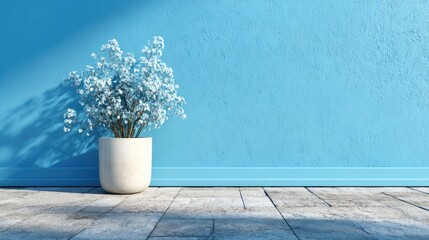 Light blue wall with small flower potted plant
