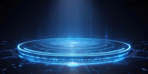 暗い背景に抽象的な青い光るプラットフォーム