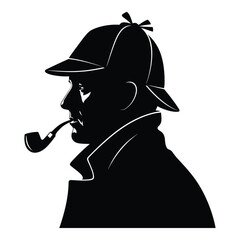 Silhouette of sherlock holmes smoking pipe wearing deerstalker hat detective character silhouette silhouette